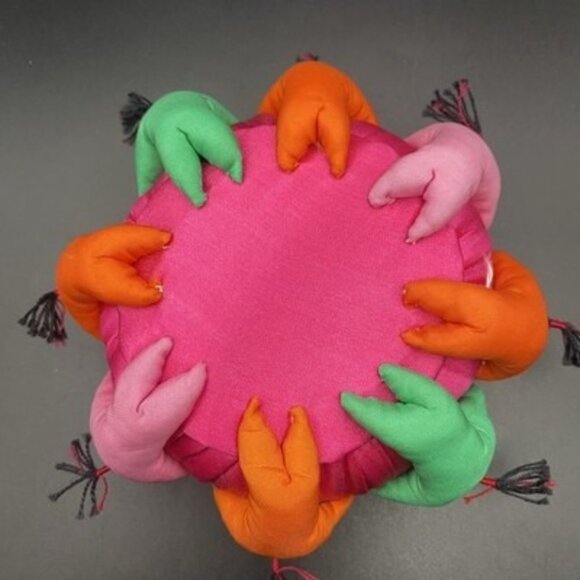 Vintage Chines Friendship Pincushion 5" Satin Doll Ring 8 Faces Folk Art Bright - Picture 4 of 7